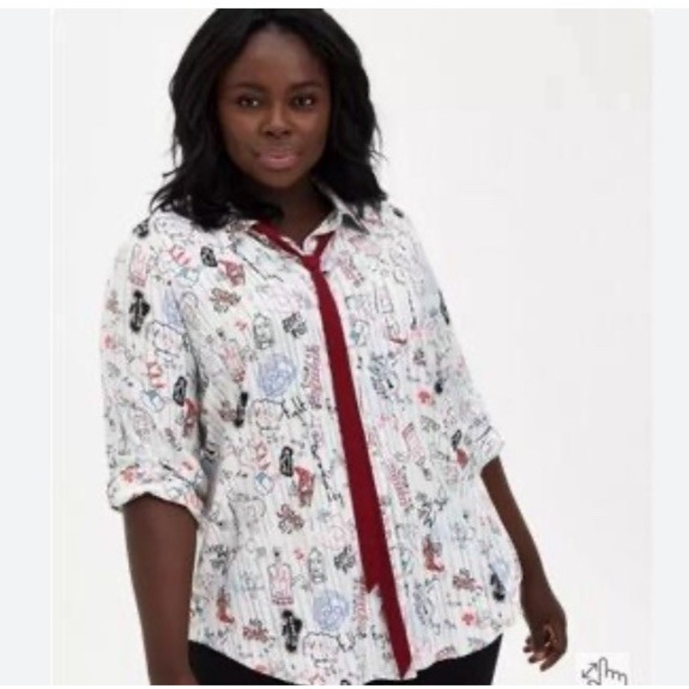 Torrid x Disney Shirt Cruella Doodle Hidden Button Long Sleeve Sz 1 Tie